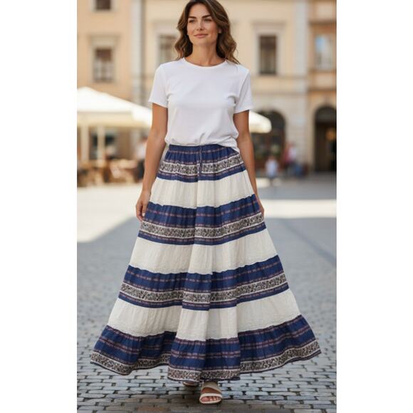 Vintage Dresses & Skirts - Tiered 100% Cotton Blue Floral & Eyelet Maxi Skirt size M/L